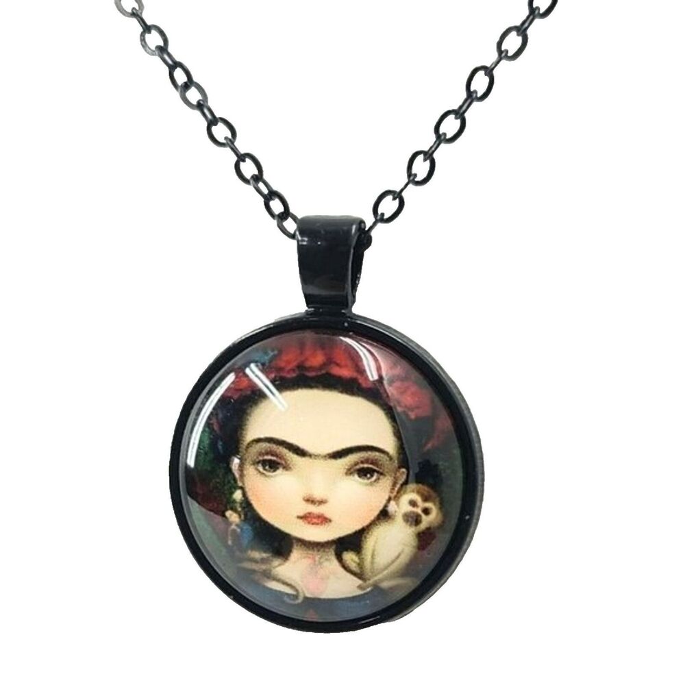 Pendant Necklace "Portrait with Monkey" Black-Tone by Frida Kahlo Art